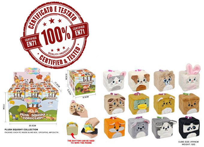 (Mis 0) ANIMALETTI CUBO Peluche Squishy 8cm (In Blind Box 9x9x9cm) Con Base Pulisci-Telefono In espo da 12pz 12ass…x12…x48